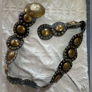 Vintage Metal Medallion Rivet & Leather Boho Belt Middle Eastern Bohemian